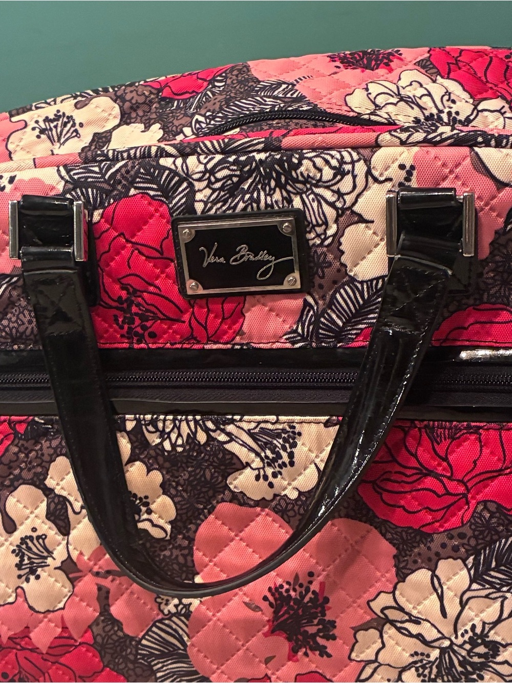 Vera Bradley Pink Floral Quilted Travel Bag with Black Patent Trim